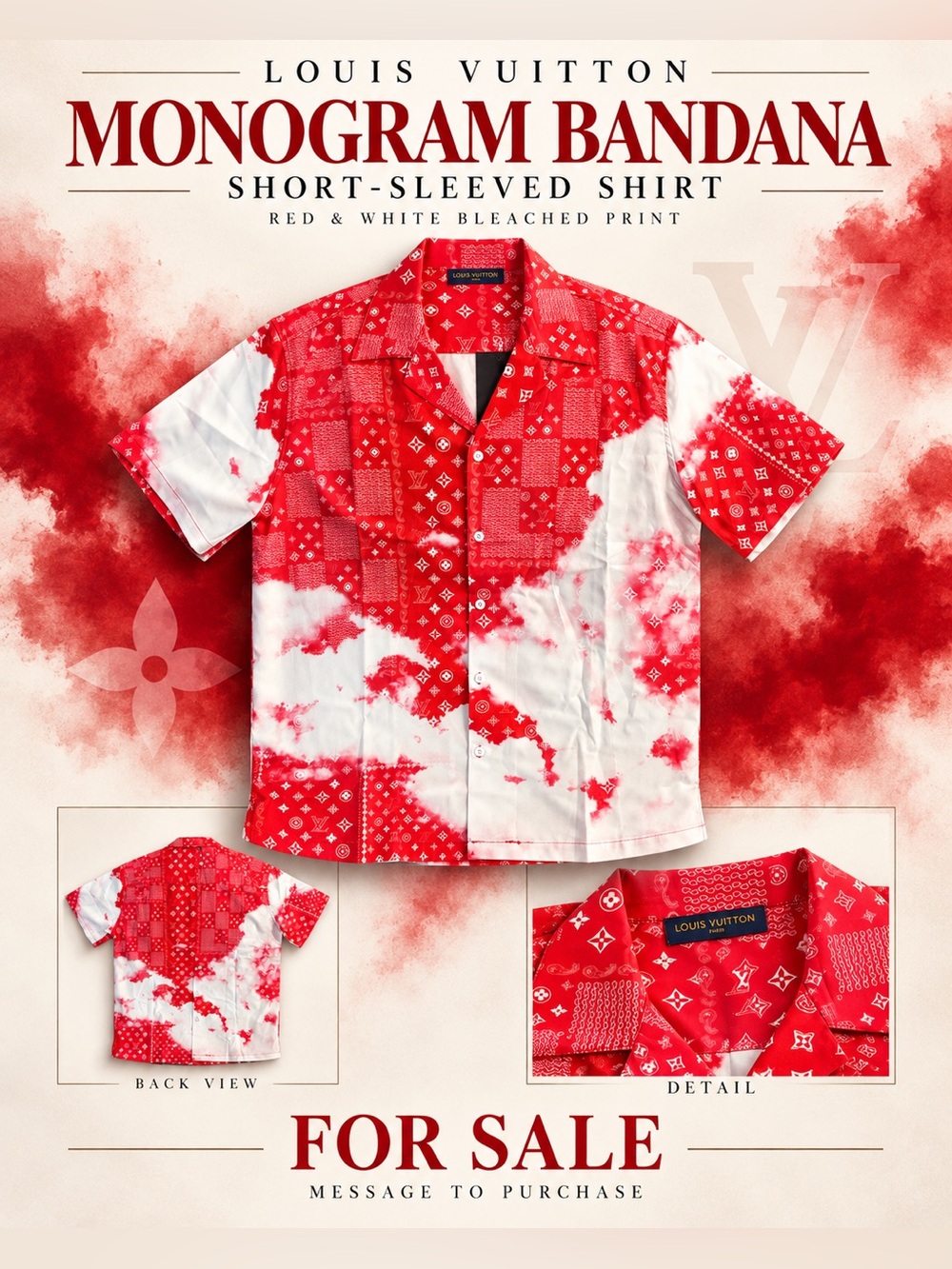 Louis Vuitton Monogram Bandana Short-Sleeved Shirt/Red-White Bleached🔥New! XL